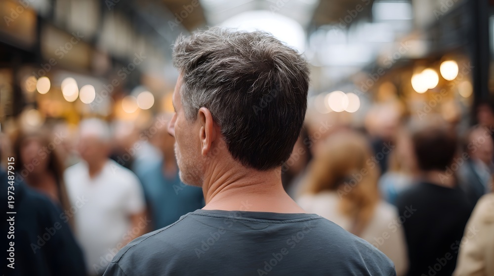 Fototapeta premium A focused man viewed from the back amidst a blurred bustling indoor crowd during a modern comm gathering
