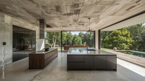 Modern interior design concept with minimalist furniture and large windows