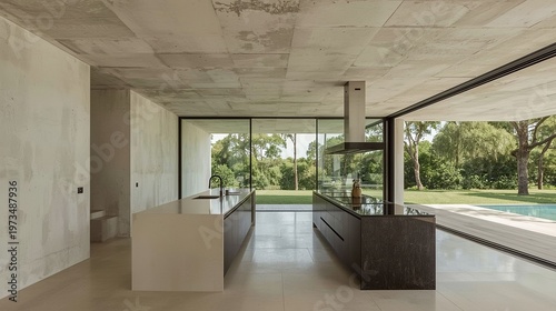 modern minimalist kitchen interior with pool and garden view
