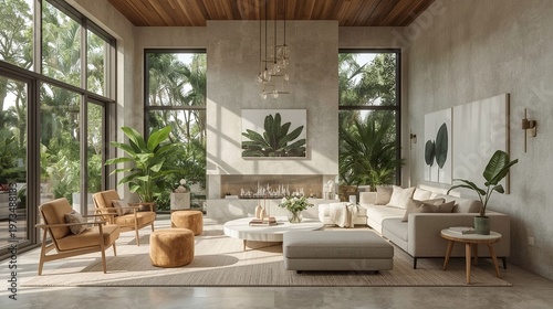 Modern living room interior design concept with tropical decor