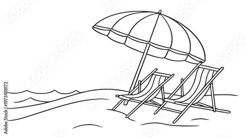 Relaxing beach scene with two empty lounge chairs under a large umbrella, ready for a peaceful vacation.