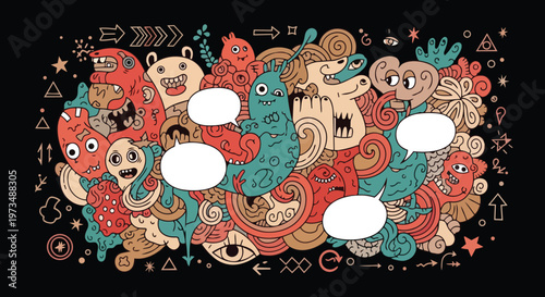 Vibrant illustration of Animals and Fantasy Creatures in a whimsical scene with various symbols.