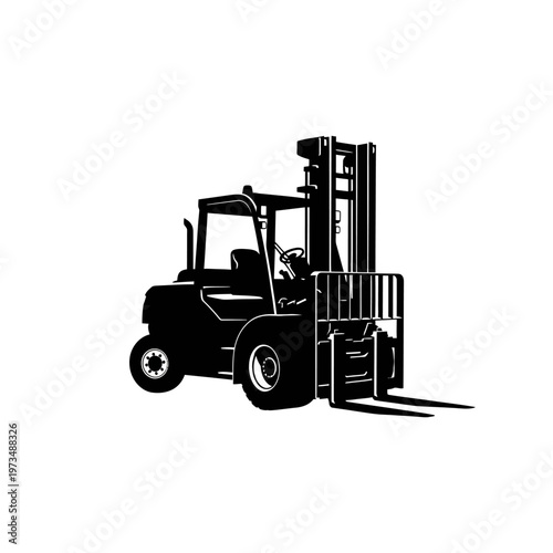 Forklift Truck Isolated on White Background in Black and White.