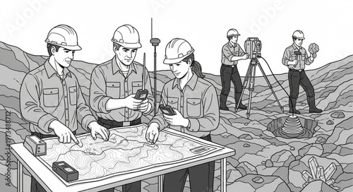 Surveying Team at Work - Detailed Planning and Precision Measurement.