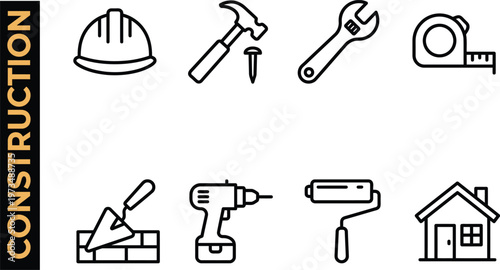 Construction tools and home renovation line icon set featuring hammer, drill, wrench, hard hat, and tape measure in a minimalist flat vector style for building and engineering projects