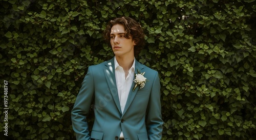 Stylish young man in a teal suit with a white shirt and boutonniere, posing against a lush green ivy wall, exuding confidence and sophistication with a contemplative gaze and natural light.