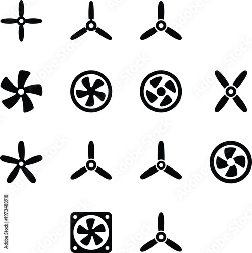 Cad drawing flat vector illustration of propeller and fan icons, aerodynamics ventilation engineering design, black silhouette mechanical blade set