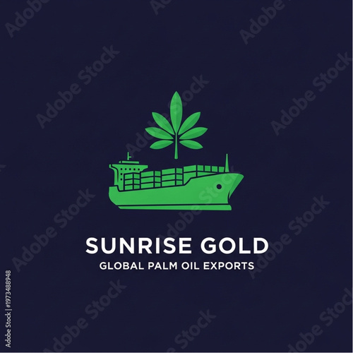 Sunrise Gold Logo - Green Cargo Ship with Cannabis Leaf for Palm Oil Exports.
