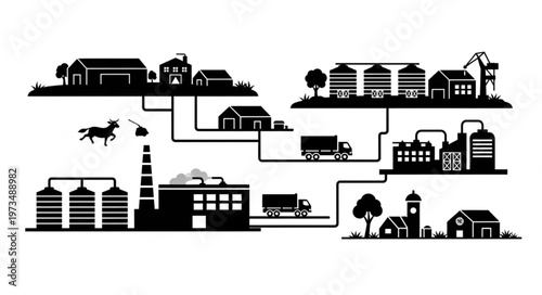 Supply Chain Illustration - Farm to Factory to Town.
