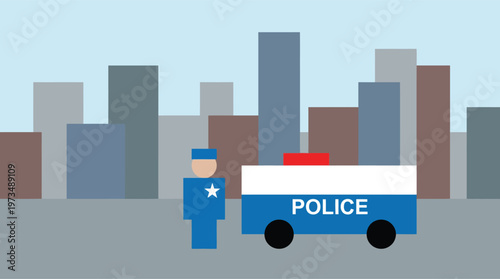 Police officer standing next to police vehicle.