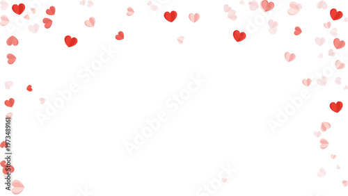Heart Confetti Border, trendy romantic falling red hearts overlay for Valentine Day celebration and wedding invitation background