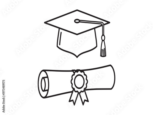 Title graduation symbols a sketch of a cap and diploma representing academic achievement description a simple black and white line drawing depicts