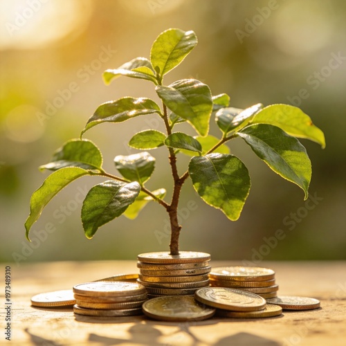 Financial Growth Concept with Coins and Plant, Investment and Wealth Building