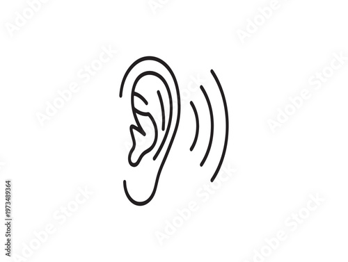 Simple line drawing of a human ear with sound waves emanating outward