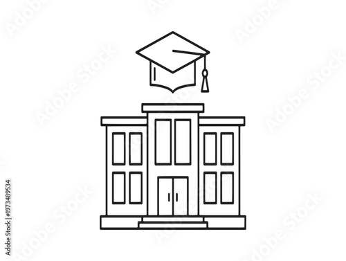 Title graduation cap above a building a symbol of educational achievement and institutional learning description a simple black and white line drawing