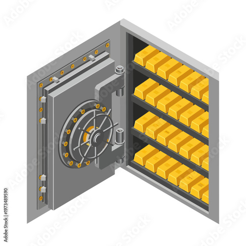 Isometric View of Open Vault Door with Gold Bars Inside.
