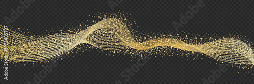 Trendy Golden Wave, abstract flowing lines with sparkling glitter particles on a dark background overlay design