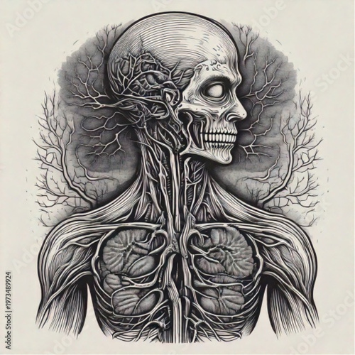 Detailed anatomical illustration of human circulatory and respiratory systems.