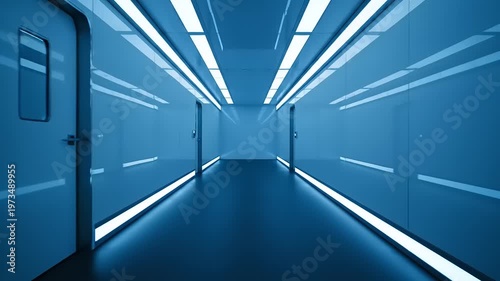 Futuristic Blue Corridor with Neon Lights.