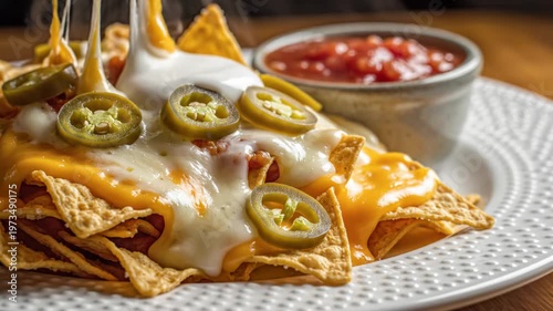 Plate of loaded nachos with melted cheddar and white cheese, topped with sliced green jalapeños and sour cream, served with a side of tomato salsa on a white textured ceramic plate.
