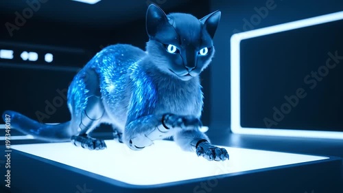 Futuristic Cat on Digital Platform with Neon Lighting.