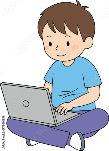 Cute boy using laptop computer sitting on floor learning online education technology cartoon kids vector illustration