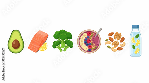 Healthy Food Selection: A vibrant collection of fresh produce, lean protein, and wholesome snacks arranged to inspire healthy eating choices, emphasizing nutrition and well-being.