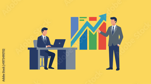 Two businessmen discussing data analysis.