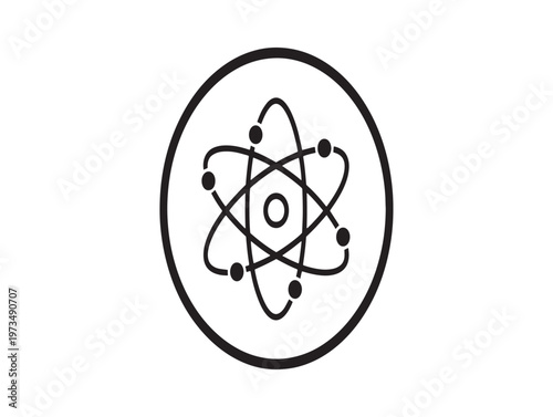 Simple black and white illustration of an atom within an oval frame