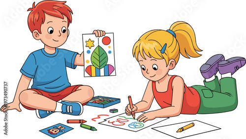 Cute kids drawing and painting together with crayons and colorful artwork creative children activity cartoon vector illustration