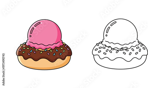 Donut with a scoop of pink ice cream and chocolate glaze with colorful sprinkles, cartoon illustration and black and white outline for coloring page activity isolated on white background.