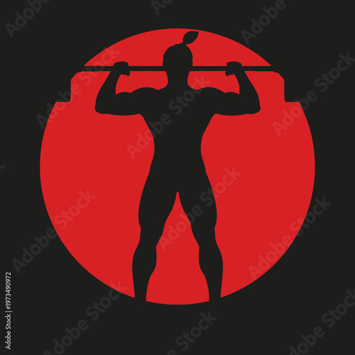 Silhouette of a muscular figure weightlifting within a bold red circle, set against a black background. Represents strength and determination