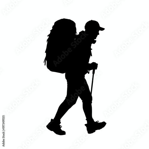 A hiker walking with backpack and trekking poles