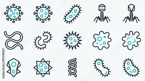 Set of 15 Microorganism and Virus Line Icons in Teal and Grey