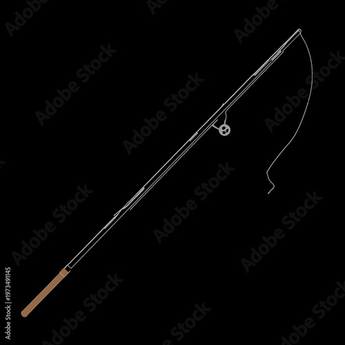 A fishing rod against a dark backdrop, ready for casting. The rod is poised, with its line gracefully curved, hinting at the potential catch and angling