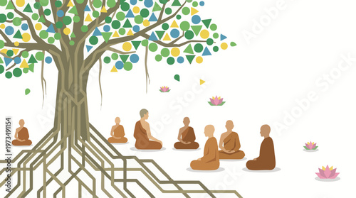 Visakha Bucha Monks Meditating Under Bodhi Tree