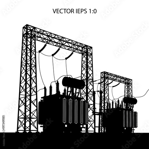 Silhouette of Electrical Transformers and Power Lines Against White Background.