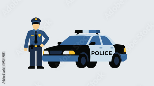 Police officer standing next to police car.