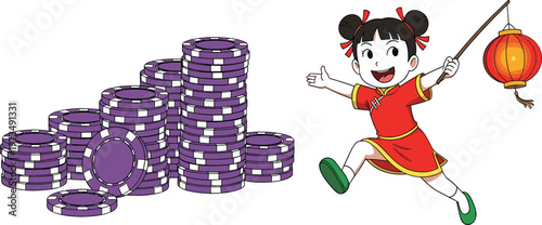 Stacks of casino poker chips with happy girl holding Chinese lantern festive celebration cartoon vector illustration