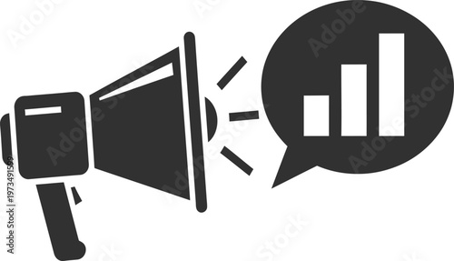 Title marketing announcement silhouette megaphone with data chart in speech bubble description a black silhouette icon depicts a megaphone broadcasting a message