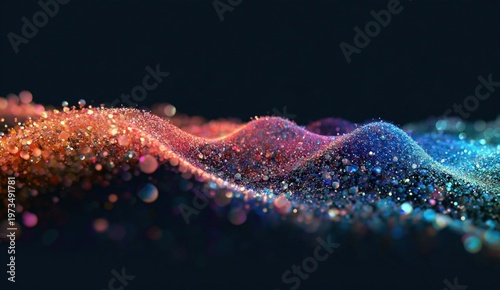 Colorful particles form abstract wavy patterns on a dark background, creating a vibrant and dynamic visual effect resembling a digital or cosmic landscape.