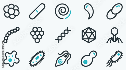 Diverse set of microorganism icons including bacteria viruses and bacteriophages