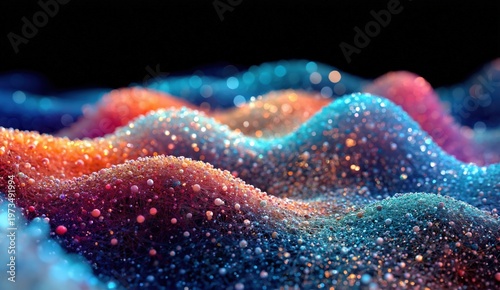 Close-up of colorful, glowing particles forming smooth, wave-like patterns against a dark background, creating a vibrant, abstract, and dynamic visual effect.