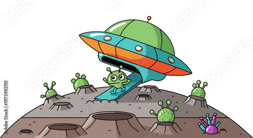 Friendly Alien Spaceship Landing on Planet with Cute Extraterrestrials Vector Illustration