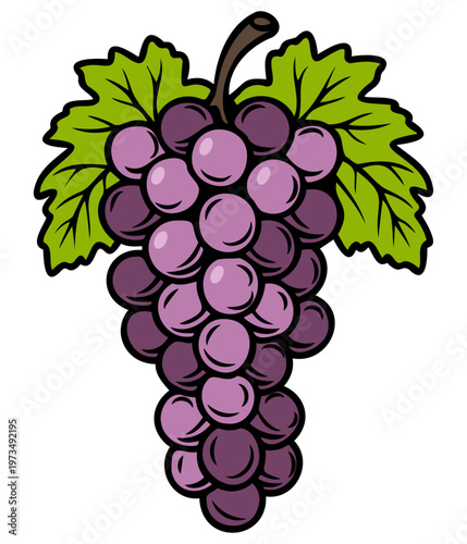 Classic ripe grape cluster with leaves flat style