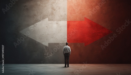 Man In A Standing Position Choosing Between Left And Right Directions Indicated By Arrows. This Decision-Making Moment Is Captured In A Photograph.