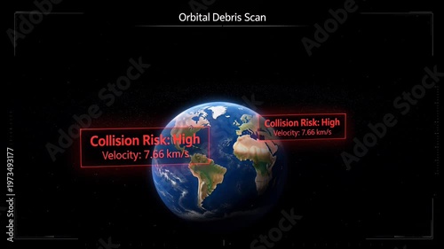 Orbital debris scan showing high collision risk around planet Earth