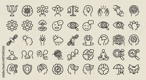 mindfulness mental wellness icons, spiritual meditation line art, psychological health therapy graphics, hand drawn brain balance elements, creative yoga and zen symbols, sketchy emotional intelligenc