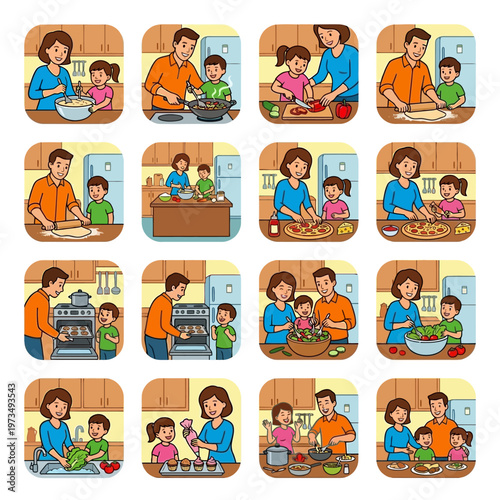 Flat Vector Icon Set Depicting a Happy Family Cooking and Baking Various Dishes Together in the Kitchen, Enjoying Shared Culinary Activities
