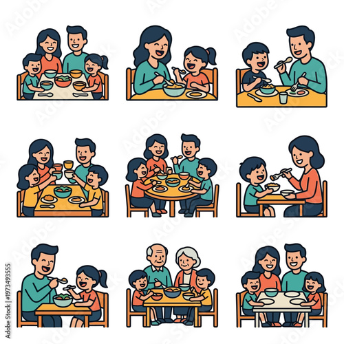 Minimal vector illustrations showing happy families and multi-generational groups sharing joyful mealtime moments at dining tables.